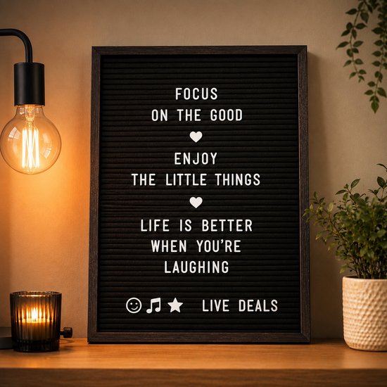 Live Deals Letterbord Zwart 30x40 cm - 340 Witte Letters, Cijfers en Symbolen - Memobord met Houten Standaard, Schaar en Opbergzakje