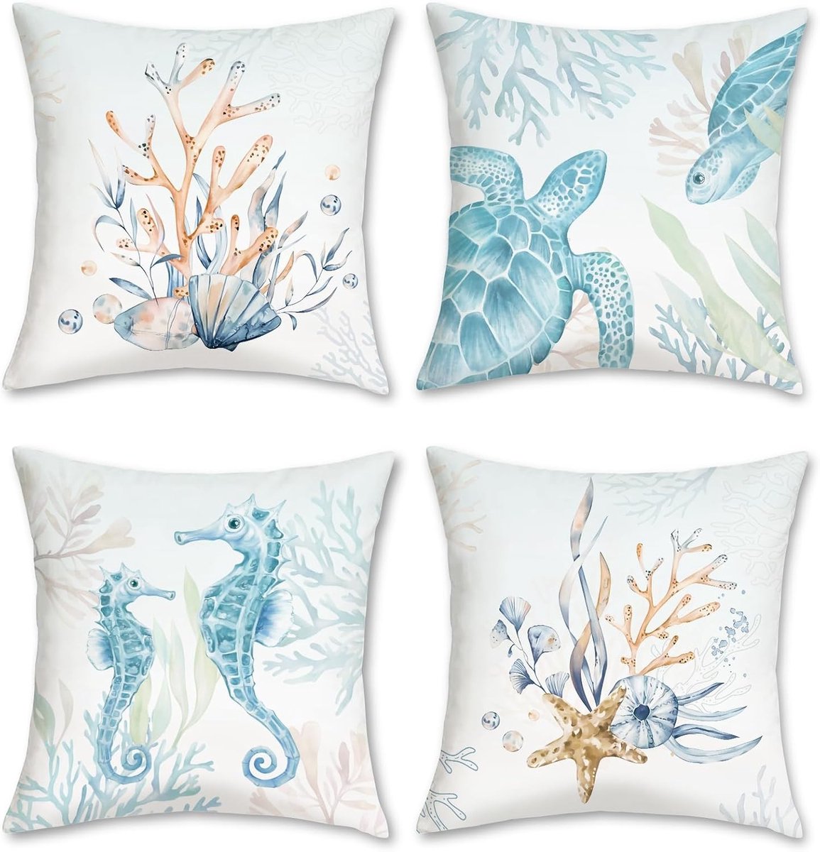 Decoratieve Kussenhoezen 45 x 45 cm, Set van 4 met Zee Schildpadden en Zeepaardjes voor Sofa en Woonkamer, Perfect voor de Zomer en Thuisdecoratie