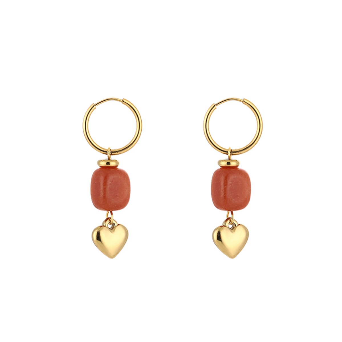 Stainless Steel Gemstone & Puffy Heart Charm Hoops – Luxe Natuursteen & Puffy Hart Oorringen – RVS - Oranje
