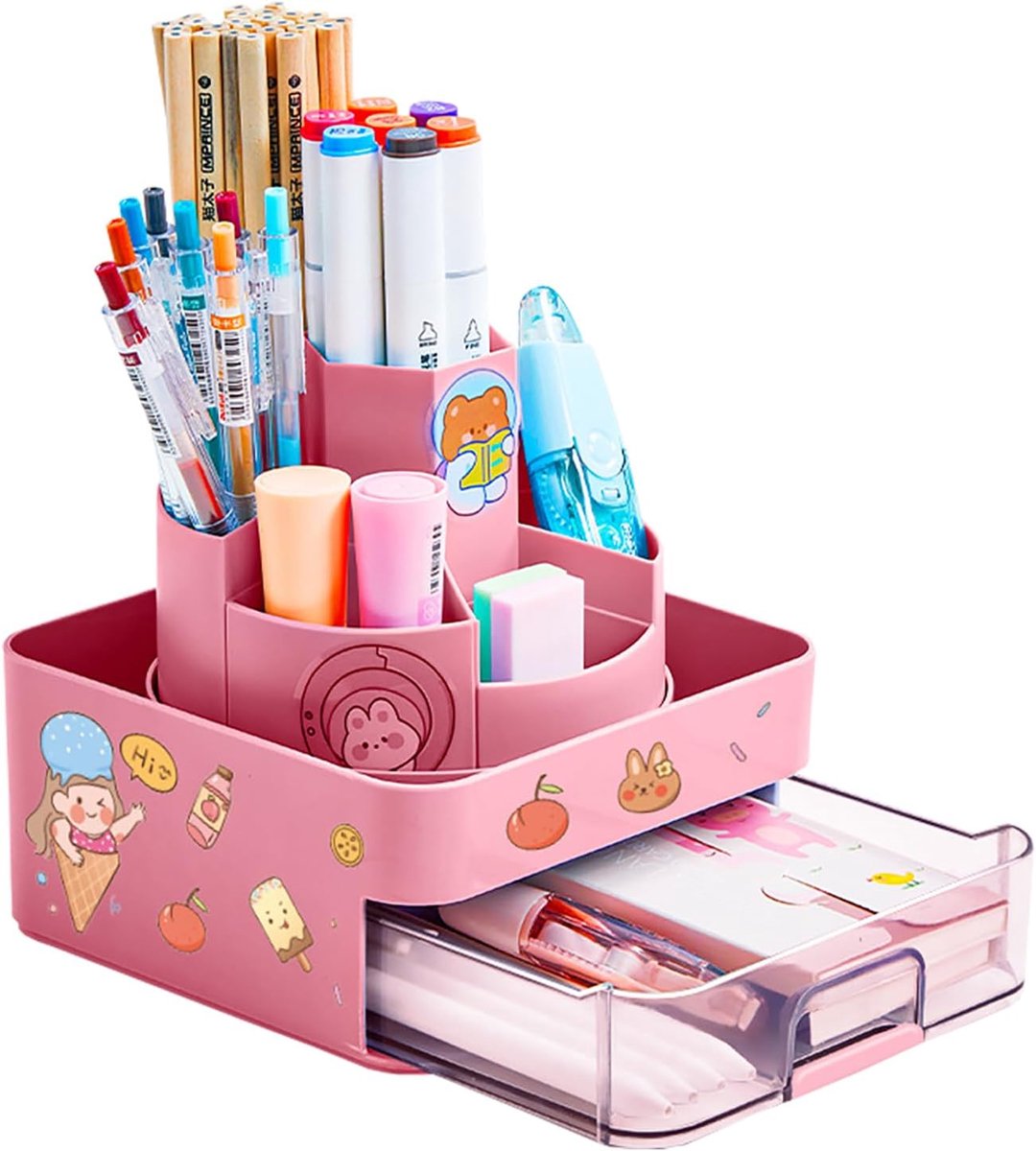 SnelShoppen - 360° Draaibare Roterende Pennenhouder, Creatieve Pennenpot met 7 Compartimenten en Antislipmat, Bureau Organizer met Cartoon Stickers, R