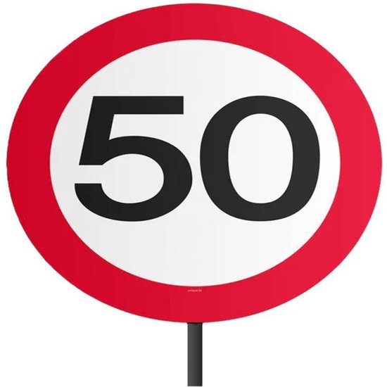 Rond verkeersbord met rode rand en wit vlak met het cijfer 50 erop.