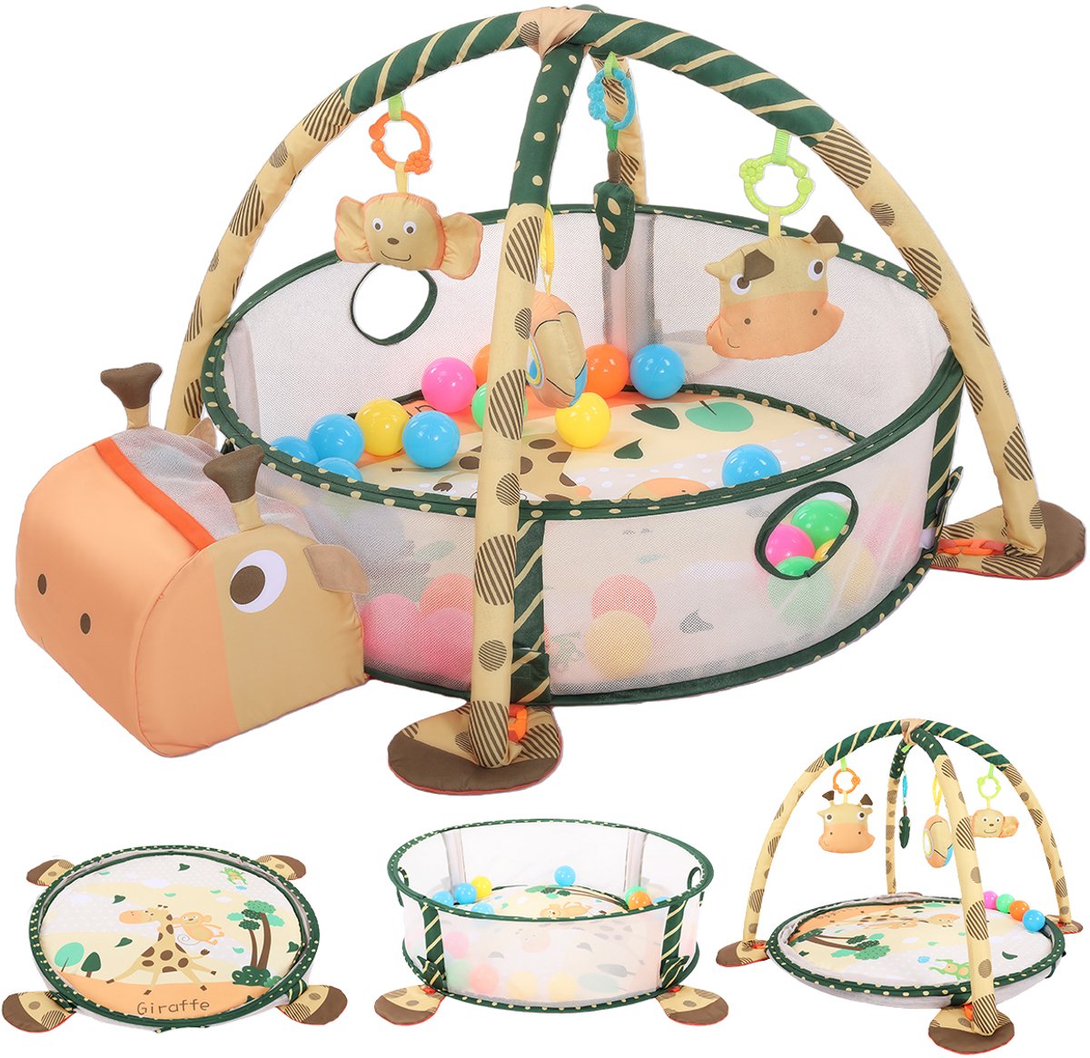 Babygym Speelmat met Speelboog en Hangspeeltjes – Sensorische Baby Speelmat – Verstelbaar Activiteitencentrum – Giraffe Design – 0-12 Maanden