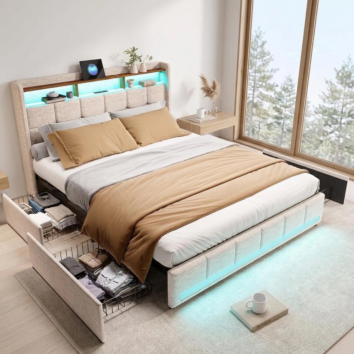 MEXUS Gestoffeerd bed 160x200 cm met LED en USB-C, Tweepersoonsbed met opbergruimte en lattenbodem, Opbergbed met 4 lades,bedframe, Linnen Beige, zonder matras
