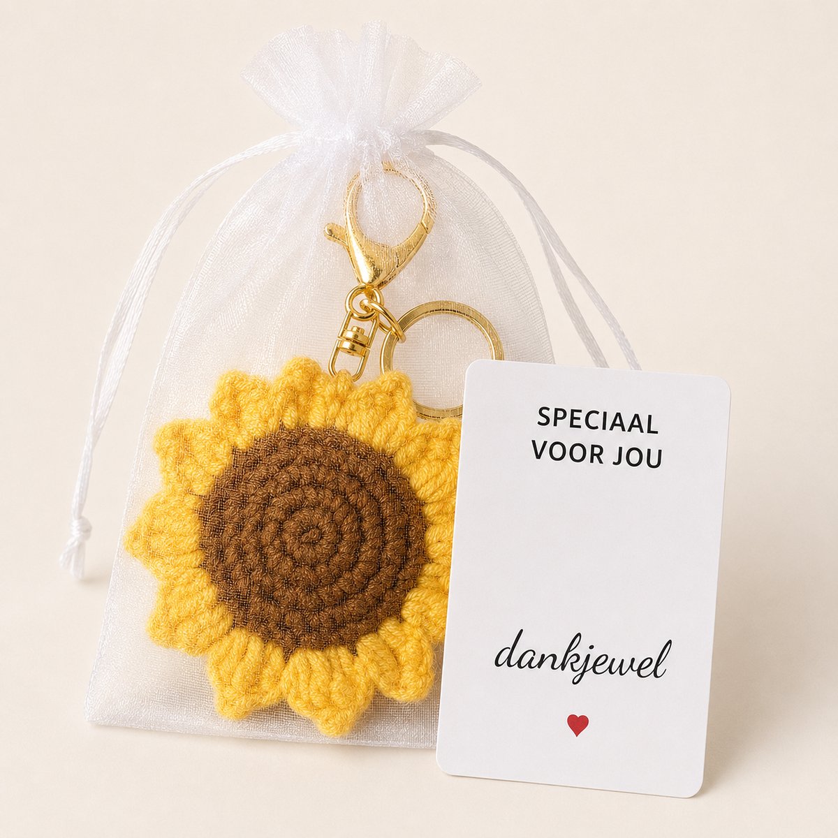 Bedankt Cadeautje - Zonnebloem Sleutelhanger met Dankjewel Kaartje & Zakje - Bedankjes Juf & Collega - Kasey