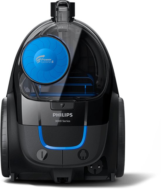 Aspirateur Philips noir série 3000 avec détails PowerCyclone 5 bleus et réservoir transparent.