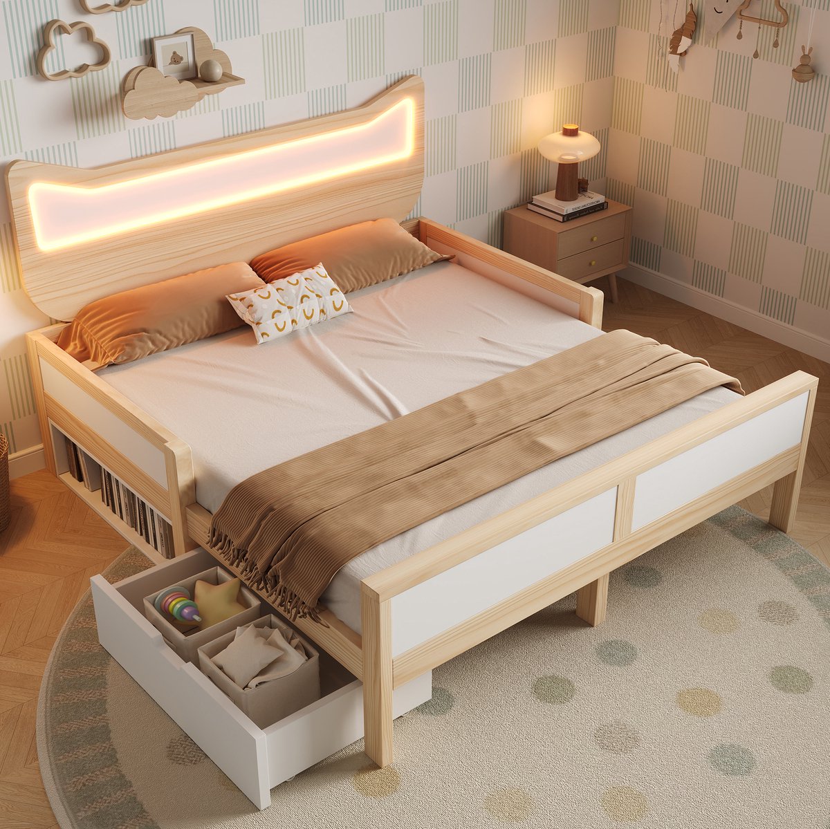 COVREO Kinderbed 140x200 cm wit en eikenkleur, van hout met LED en lade