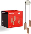 Verpakking en drie koperkleurige, geribbelde hanglampen met GU10 fitting (max. 9W).