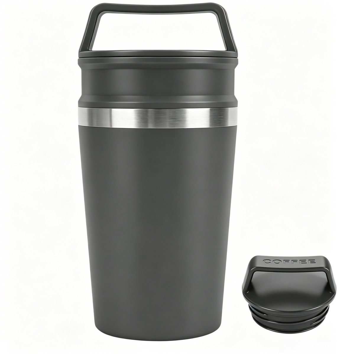 QTTVBTNA -Isolatiefles - Koffiebeker - 320 ml, roestvrij staal, dubbelwandig - Houdt warm 6-12 uur - 2-traps deksel (open / gecontroleerd) -Lekvrij, BPA-vrij, vaatwasmachinebestendig - Past in autobekerhouder - Grijs