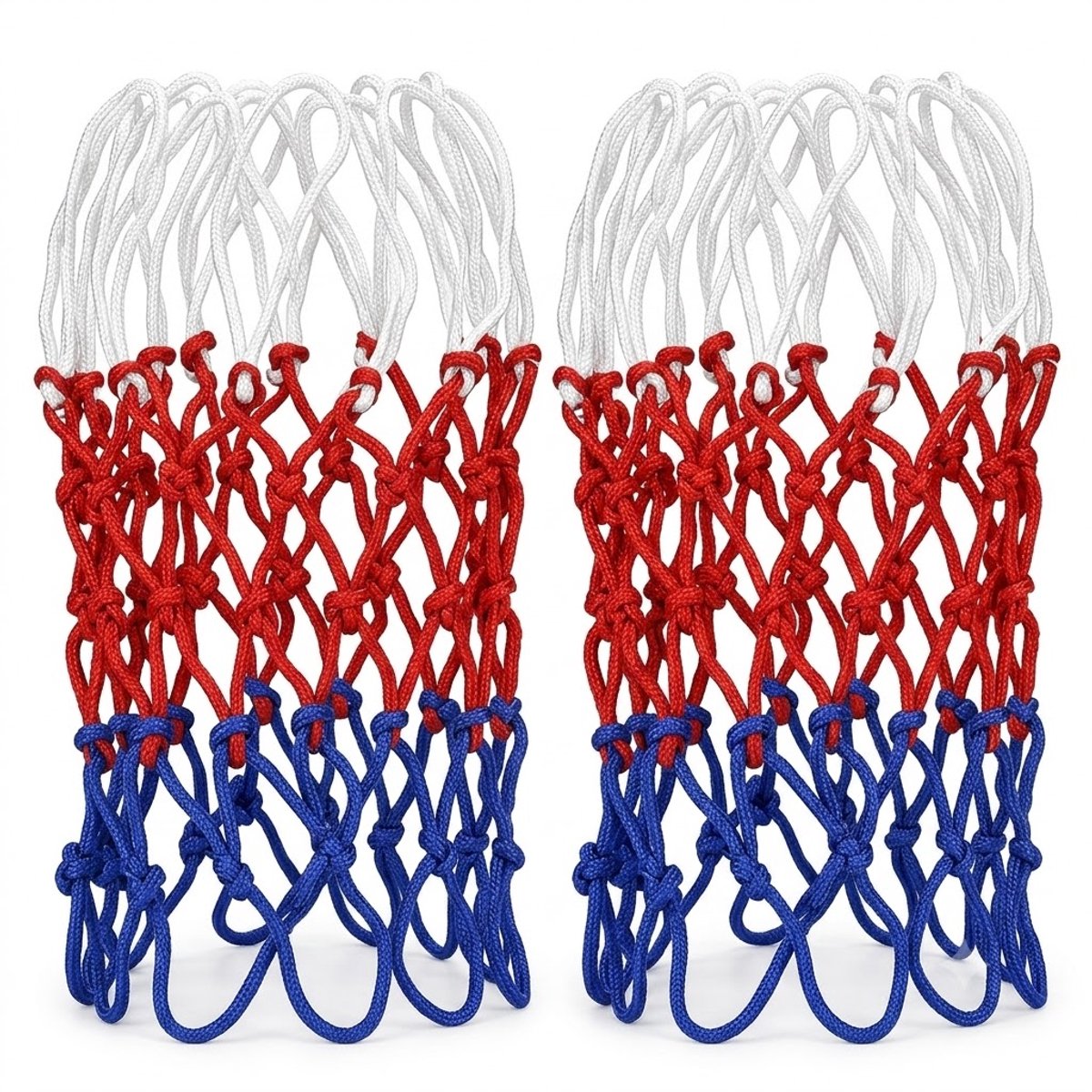 Rood wit blauw basketbalnet 2 stuks unisex heavy duty nylon vervangingsnet geschikt voor binnen en buiten standaard basketbal ring duurzaam verdikt net