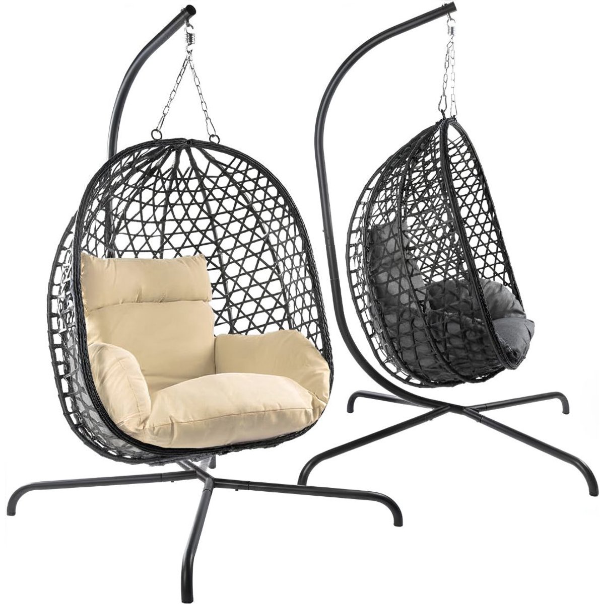 NIVA® Hangstoel - Relaxstoel voor Binnen & Buiten - Rotan Hangstoel met Frame - Zwart - 102cm x 102cm x 195cm