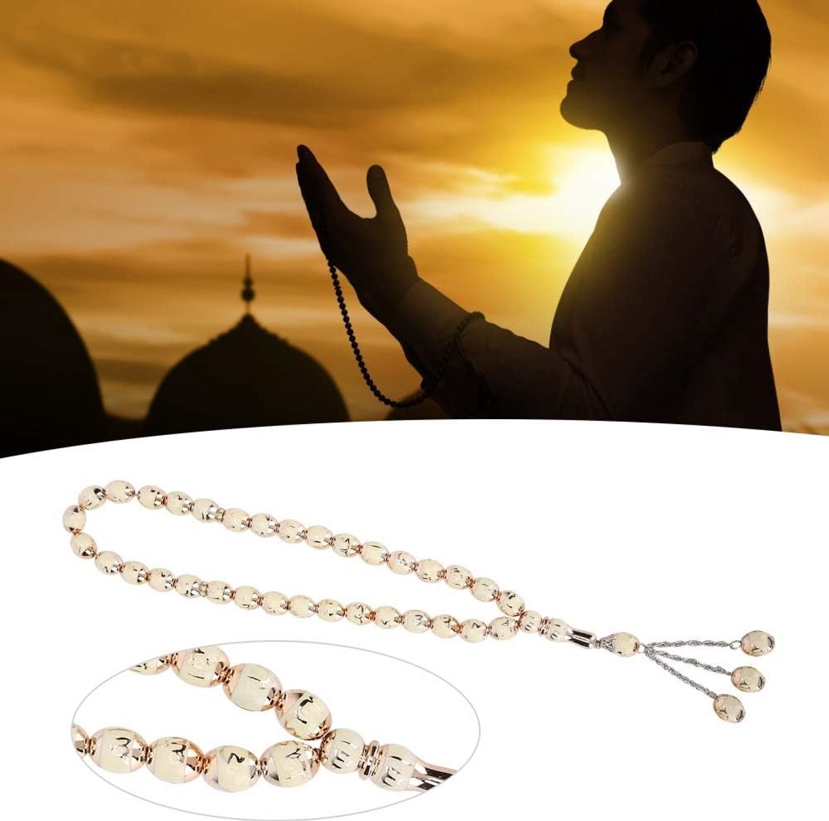 Unisex Tesbih Gebedskralen voor Islamitische Aanbidding, Handgemaakte Prayer Beads met Allah Motief en Decoratieve Hanger in Beige