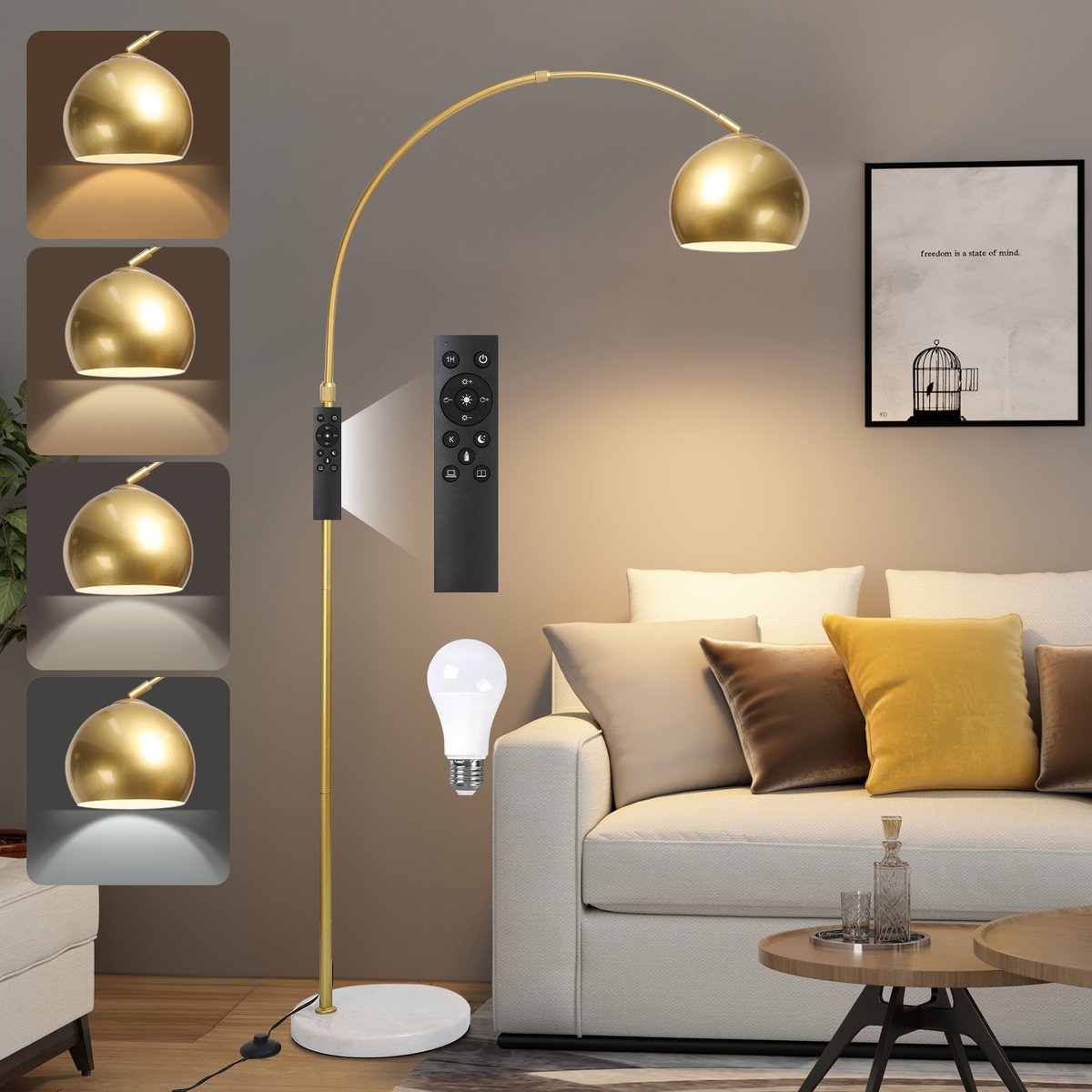 Lapamax Booglamp met Verstelbare Metalen Kap - 12 W Dimbare Vloerlamp met Afstandsbediening - Marmeren Voet - 3000-6500 K - Goud