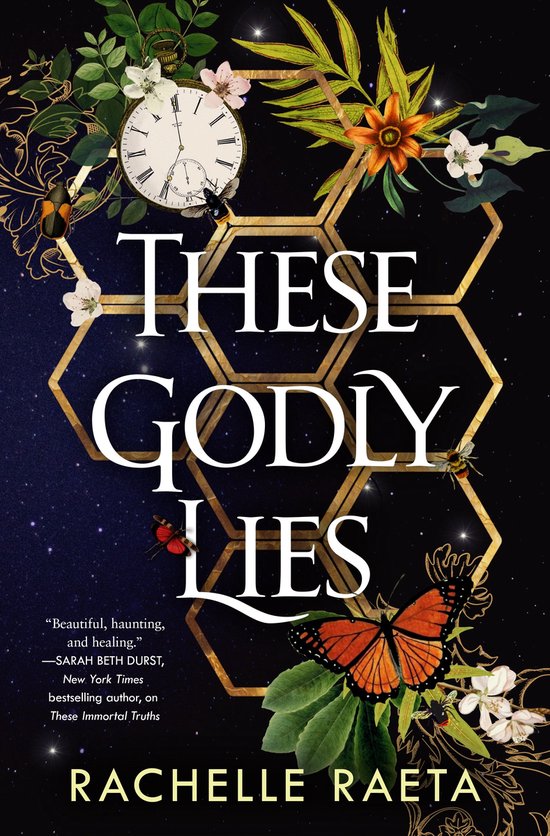 Boekcover met de titel 'THESE GODLY LIES', een vlinder, bloemen en een oude klok.