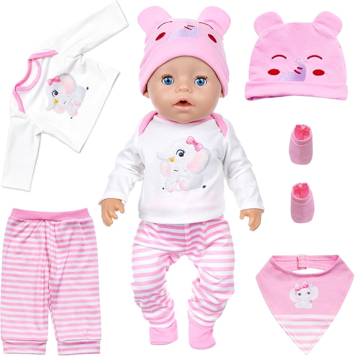 Set met Kleding voor 14-18 Inch Baby Poppen, Schattige Kledingaccessoires met Olifant Motief, Perfect Cadeau voor Meisjes
