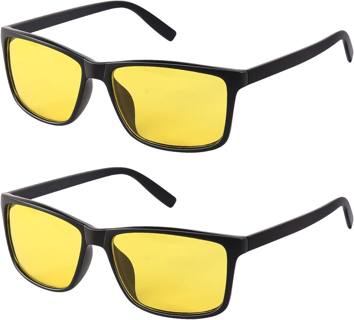 2 Pairs Nachtzichtbrillen, Gepolariseerde Brillen voor Nachtelijk Rijden, Klassiek Vierkant Frame, Retro Zwart, Gele Lensen voor Veilig Nachtrijden en Autorijden