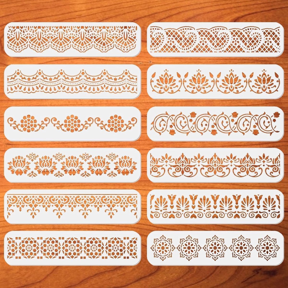 12 Stuks Mandala Border Sjablonen voor Schilderen - Herbruikbare Templates voor Hout, Canvas en Muur - 30 x 7.5 cm Decoratieve Randontwerpen