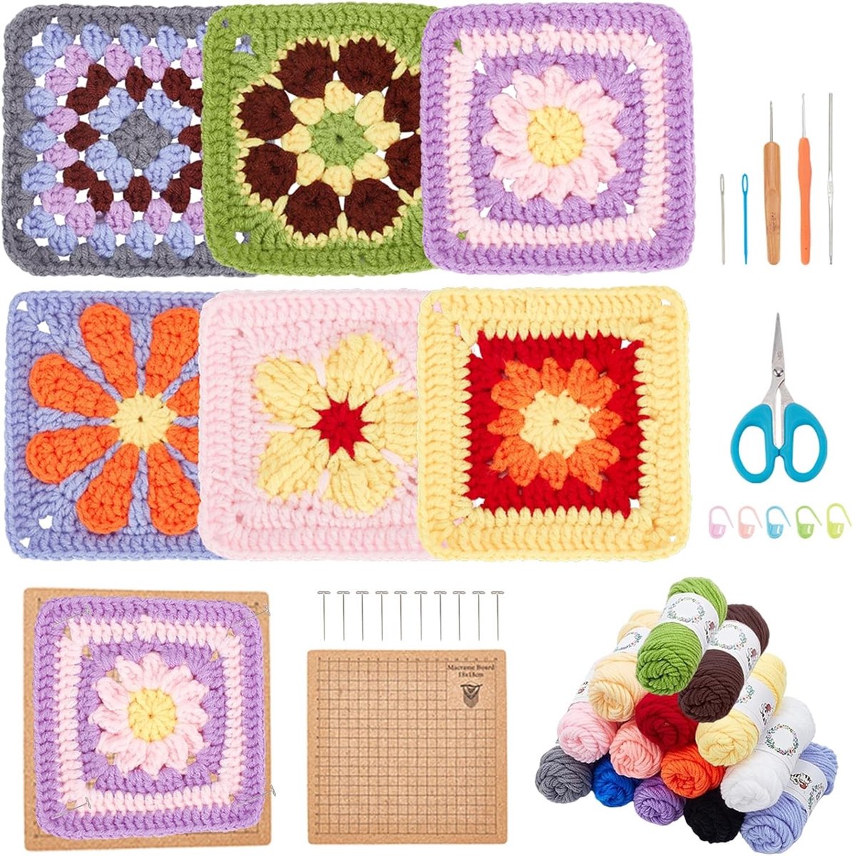 6-in-1 Haakset voor Beginners en Volwassenen - Complete Granny Square Kit met Houten Haaknaald, Blocking Mat en Stapsgewijze Video Tutorials voor Creatieve Projecten