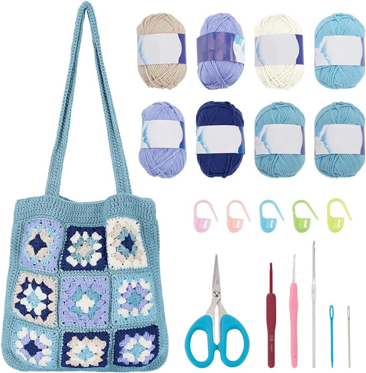 DIY Granny Square Haaktas Kit voor Beginners met Video-instructies, Leer en Accessoires voor een Donkerblauwe Handgemaakte Tas