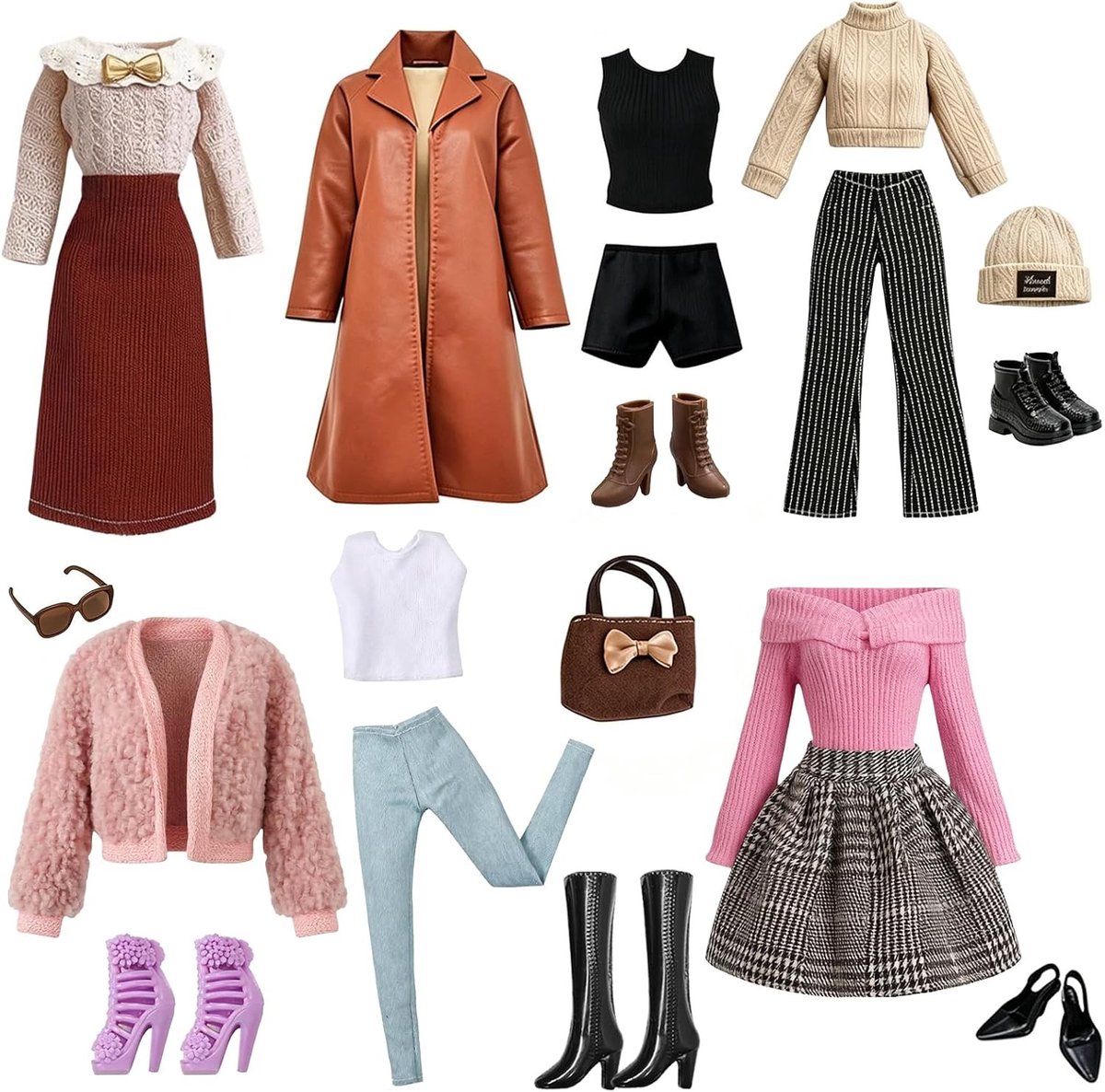 Poppenkleding en accessoires set met 13 unieke outfits voor creatief speelplezier