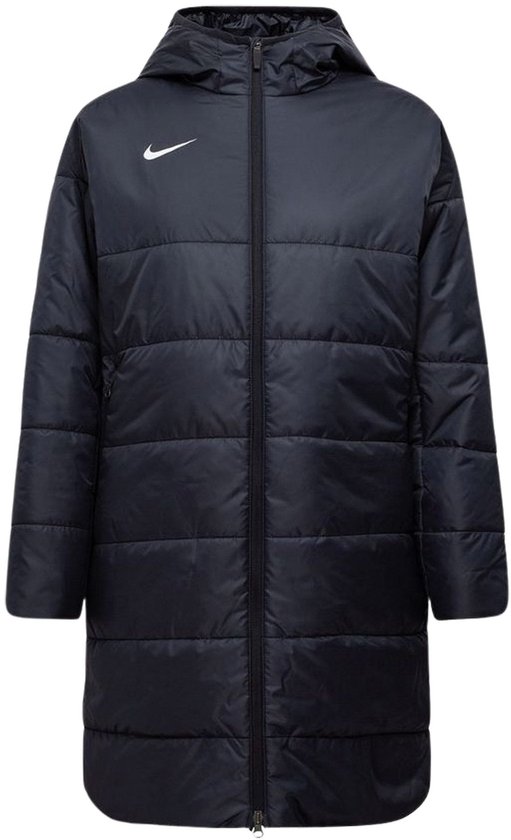 Lange, donkerblauwe winterjas met capuchon en wit Nike logo