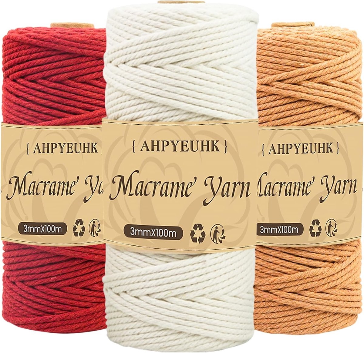 Katoenen Macramé Draad 3 mm x 100 m, Set van 3 Stuks, Natuurlijke Handwerk Touw in Brick Red, Beige en Wijnrood