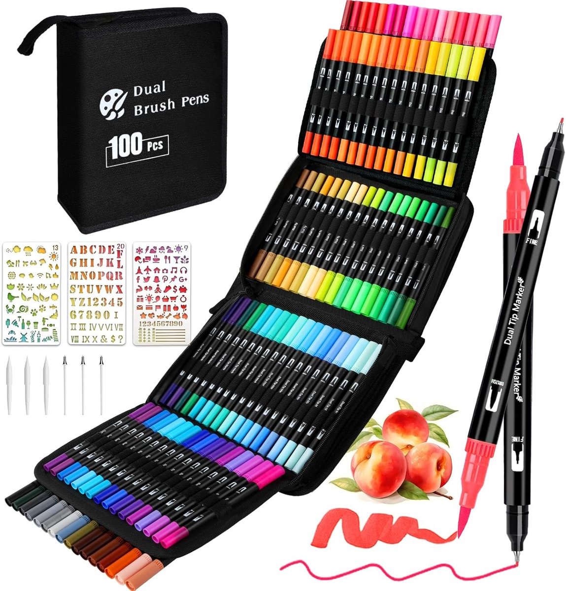 Kleurige Dubbelpunts Brushpennen Set met 100 Kleuren en Pennenzak voor Creatieve Mandala's, Kalligrafie en Tekenen