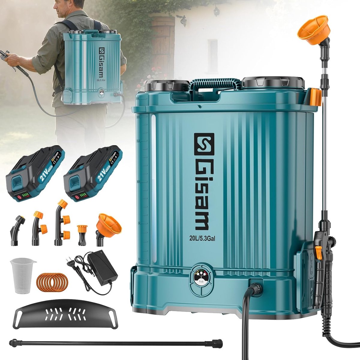 SnelShoppen - Accu-drukspuit met 2 x 2000 mAh-accu's, 5 sproeiers, corrosiebestendige sproeibalk en telescoopstaaf voor tuin, pesticiden en reinigen