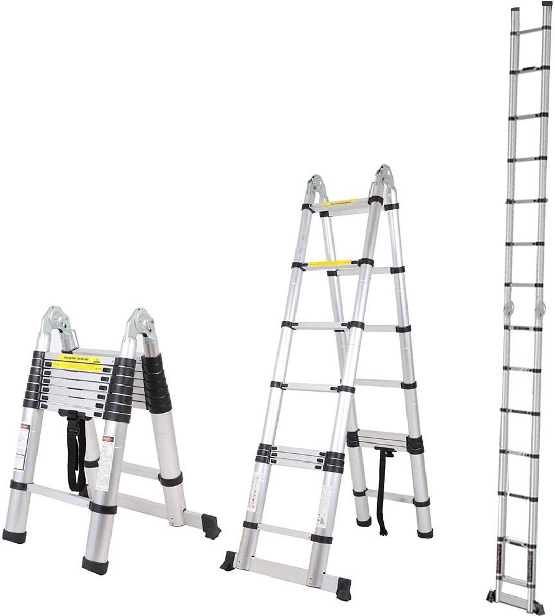 SnelShoppen - Telescopische ladder aluminium 2-in-1 multifunctionele vouwladder 150 kg belastbaarheid 5 m hoogte 16 sporten voor thuis tuin en kluspro