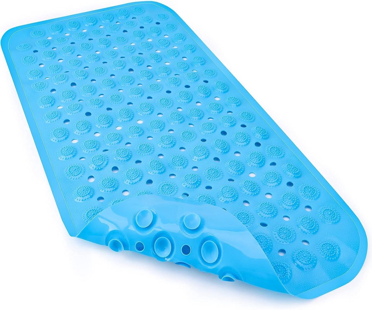 SnelShoppen - Antislip Badmat Extra Lang 70 x 35 cm Blauw met Afvoergaten en Zuignappen, Machinewasbare Rubberen Badkamermat voor Binnen in Bad