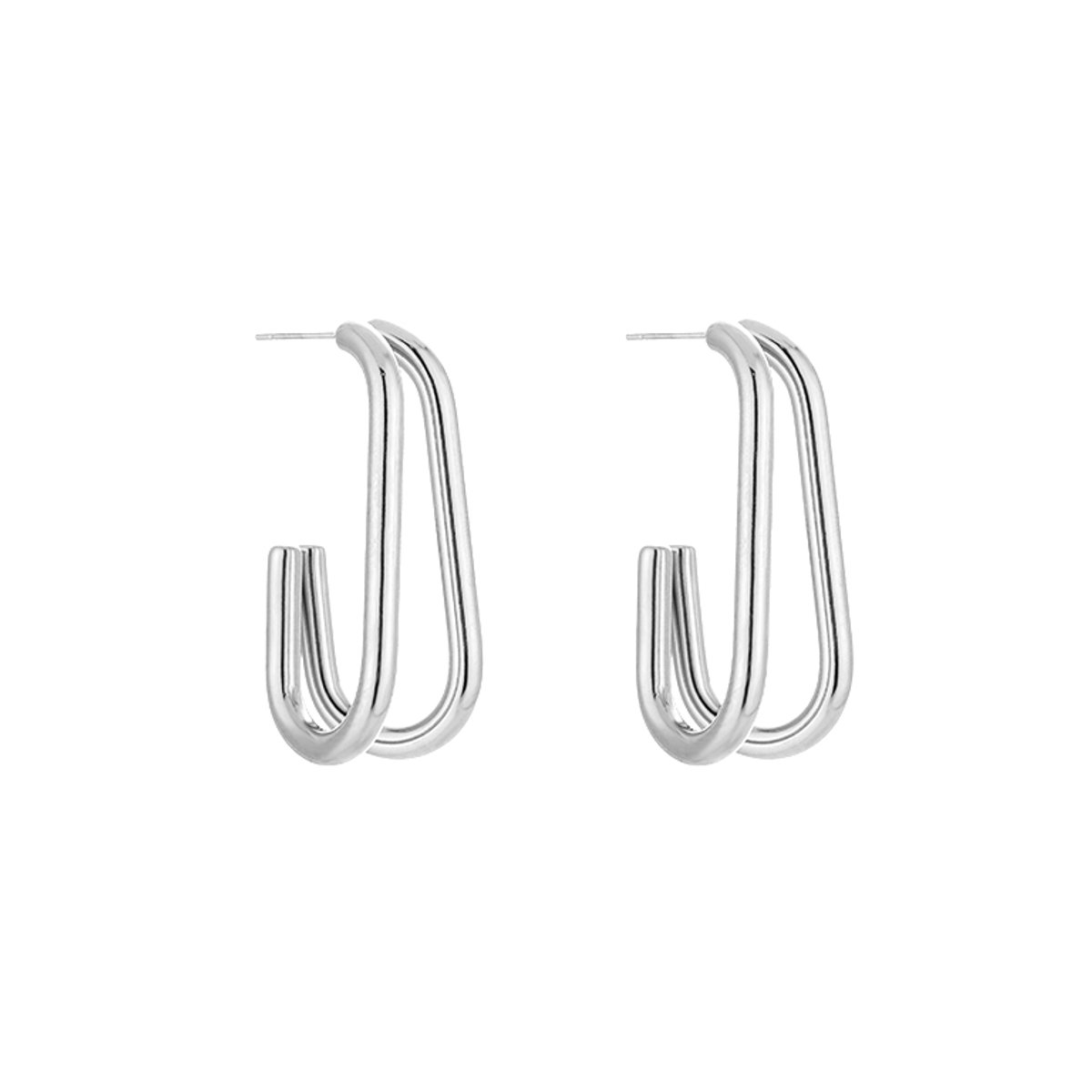 Stainless Steel Elongated Double Line Drop Hoops – Luxe Langgerekte Dubbele Lijn Oorstekers – RVS - Zilver