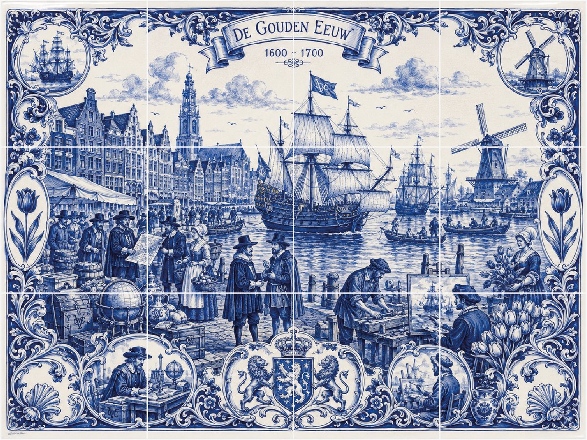 Delfts Blauw fotomozaïek Gouden Eeuw (12 stickers) 15 x 15cm per sticker - tegelstickers - backsplash - peel and stick - plakfolie - voor badkamer, keuken of toilet - zelfklevend