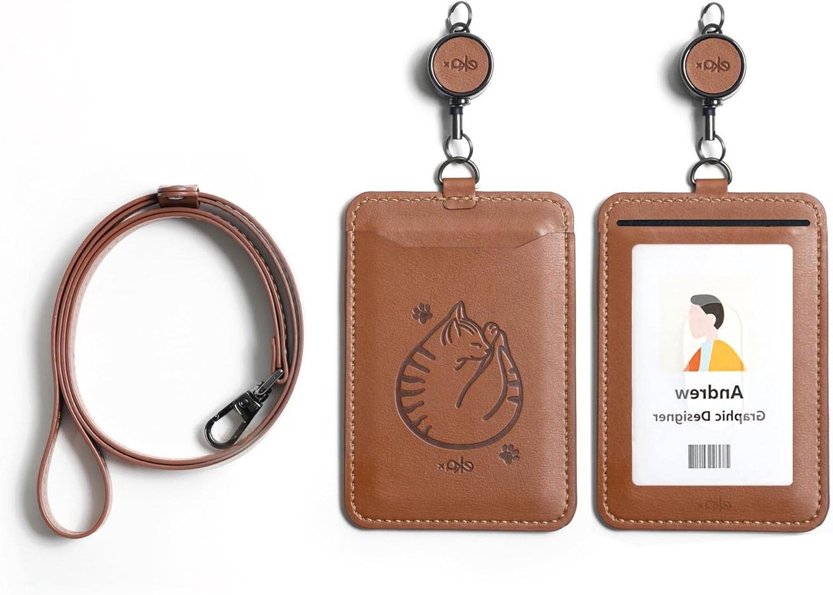 Dubbelzijdige badgehouder - Kaarthouder met koord - Veilig kaarten tonen - Uittrekbare oprollijn - 20 cm uittrekbaar - Pluche katje