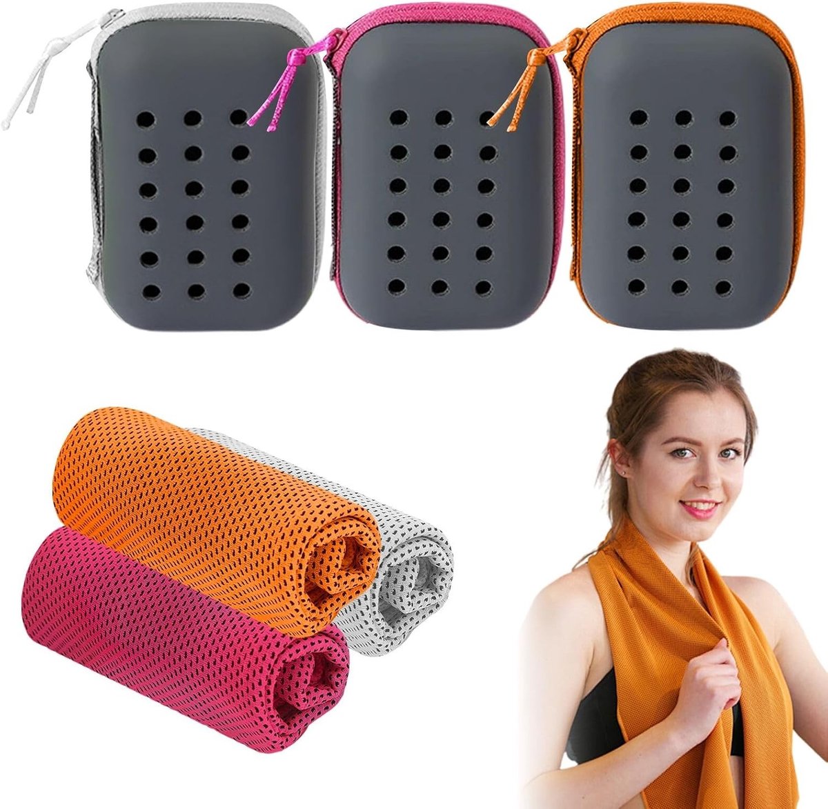 Sneldrogende Sportdoeken Set van 3, Inclusief Draagbare Silicone Hoezen in Oranje, Roze en Grijs voor Optimale Koeling en Comfort tijdens Activiteiten