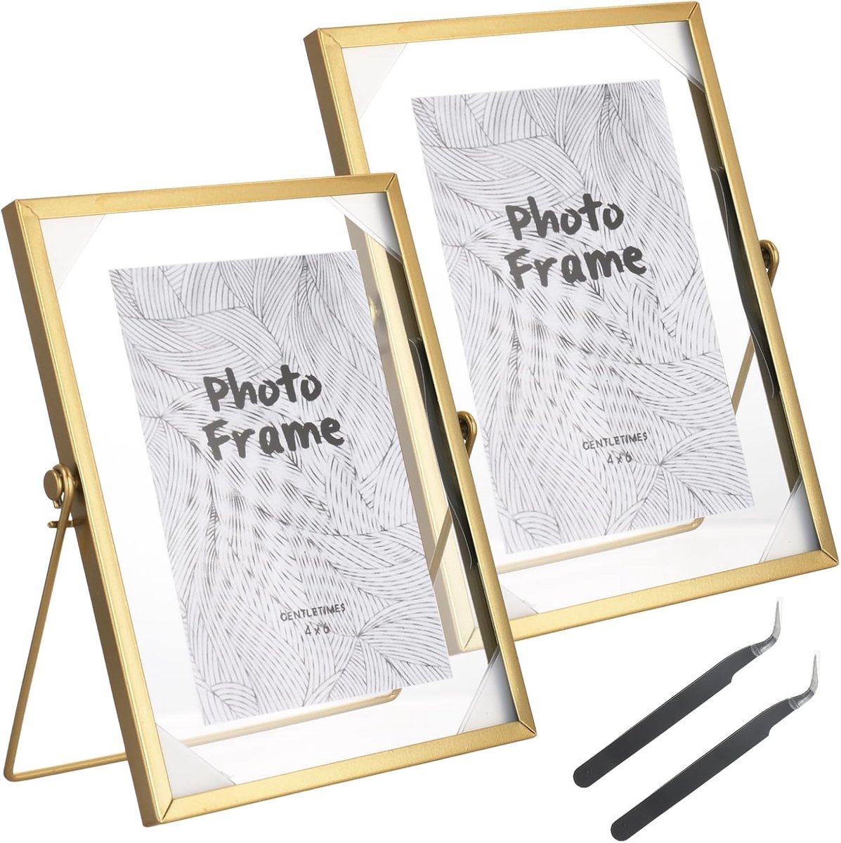 SnelShoppen - Fotolijsten 2 stuks A5 goud 15 x 21 cm dubbelzijdig glazen fotolijst metaal staand voor geperste bloemen plantenmonsters kunstwerk decor