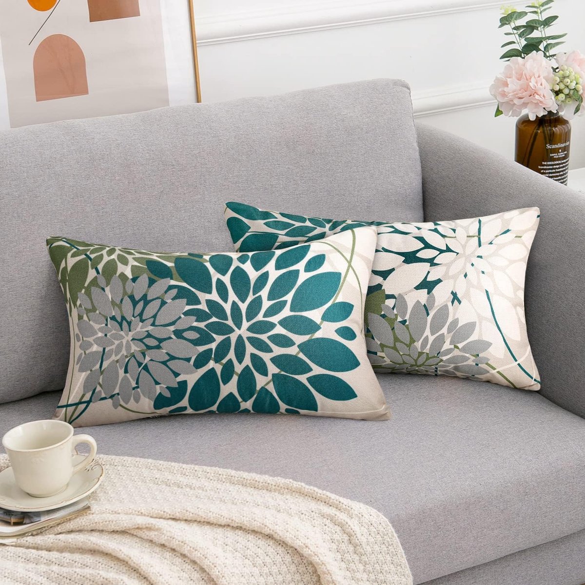 SnelShoppen - Sofakussenovertrek Groen 30 x 50 cm - Decoratieve Kussensloop voor Binnen & Buiten - Bloemenprint - Kussenhoezen voor Bankkussens - Zome