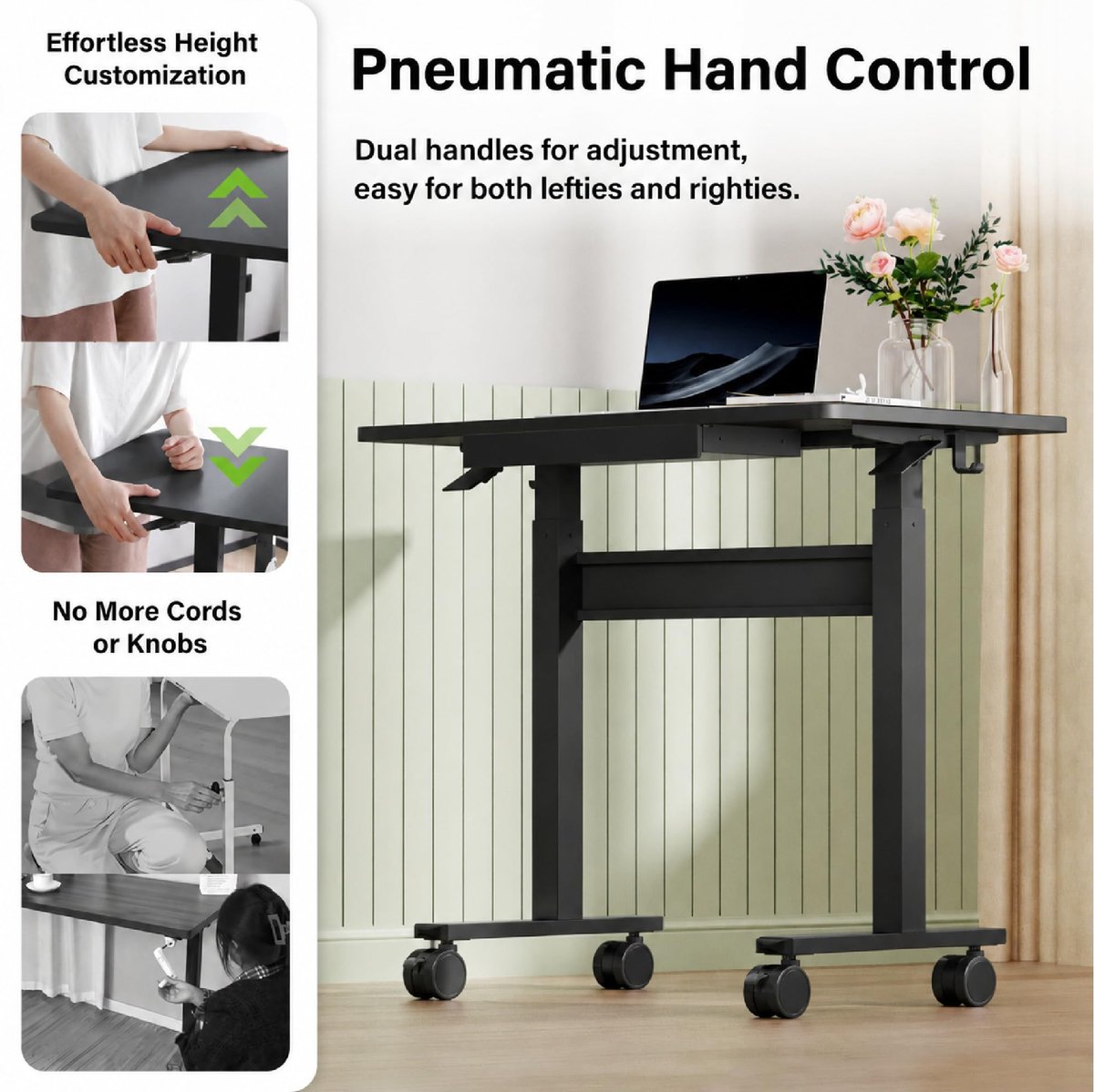 SnelShoppen - Computertafel Pneumatisch in Hoogte Verstelbaar (88 x 50 cm) Zwart - Laptoptafel met Wielen en Lade - Overbedtafel, Sta-Zit-Bureau voor