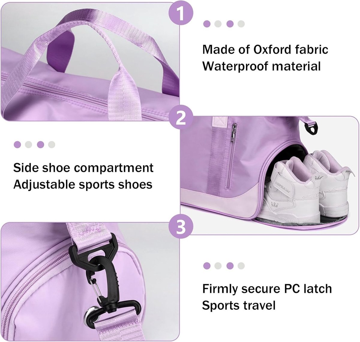 Waterdichte Sporttas van 35L met Schoencompartiment voor Weekendtrips en Yoga, Paars