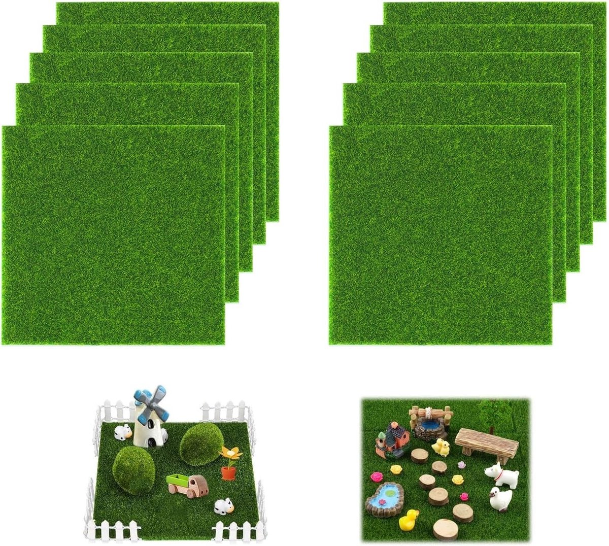 Natuurlijke uitstraling kunstgras voor knutselen, set van 10, 15 × 15 cm, ideaal voor modelbouw, decoratie en tuinprojecten
