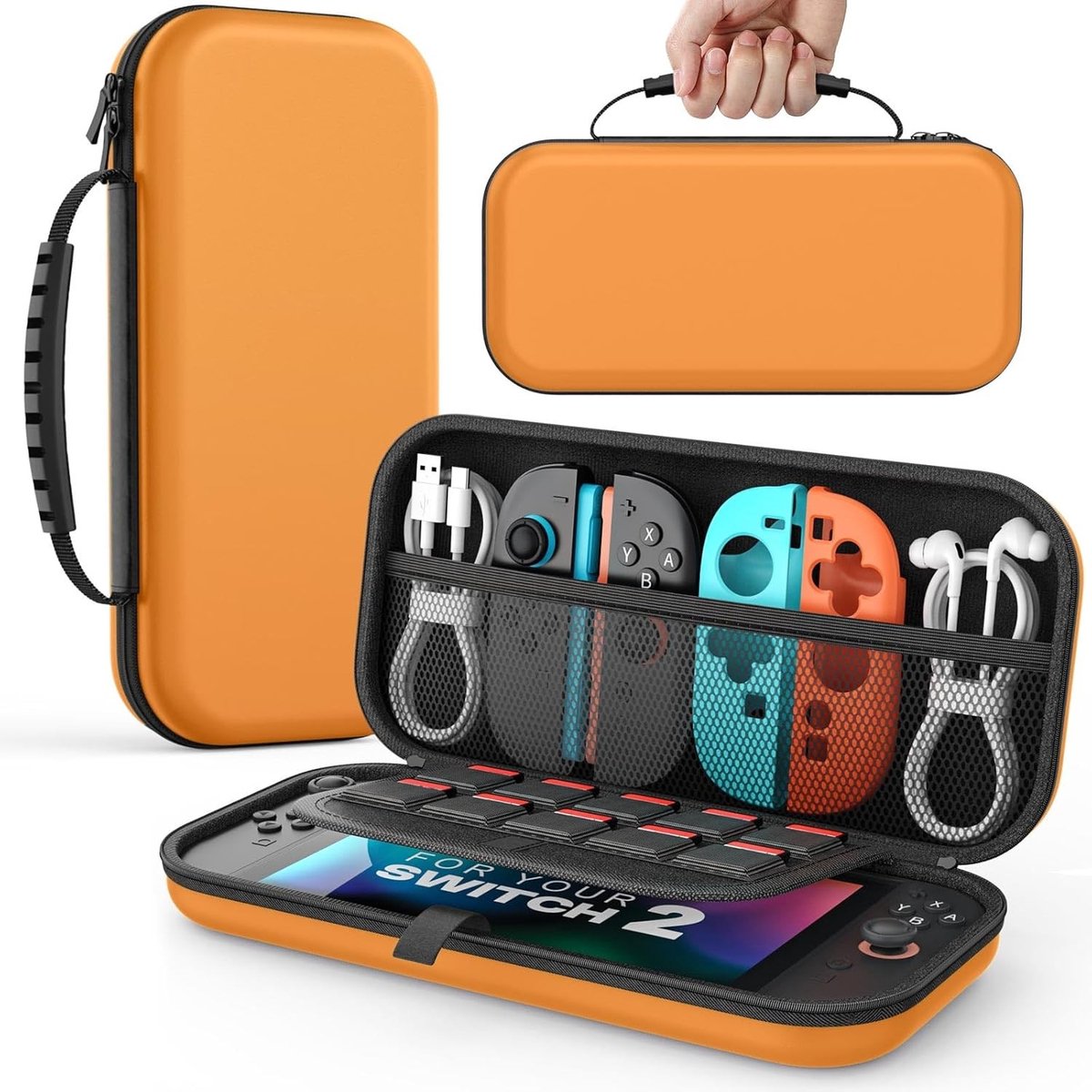 Draagbare hard shell beschermhoes voor Nintendo Switch 2, met ruimte voor 10 cartridges en accessoires, oranje
