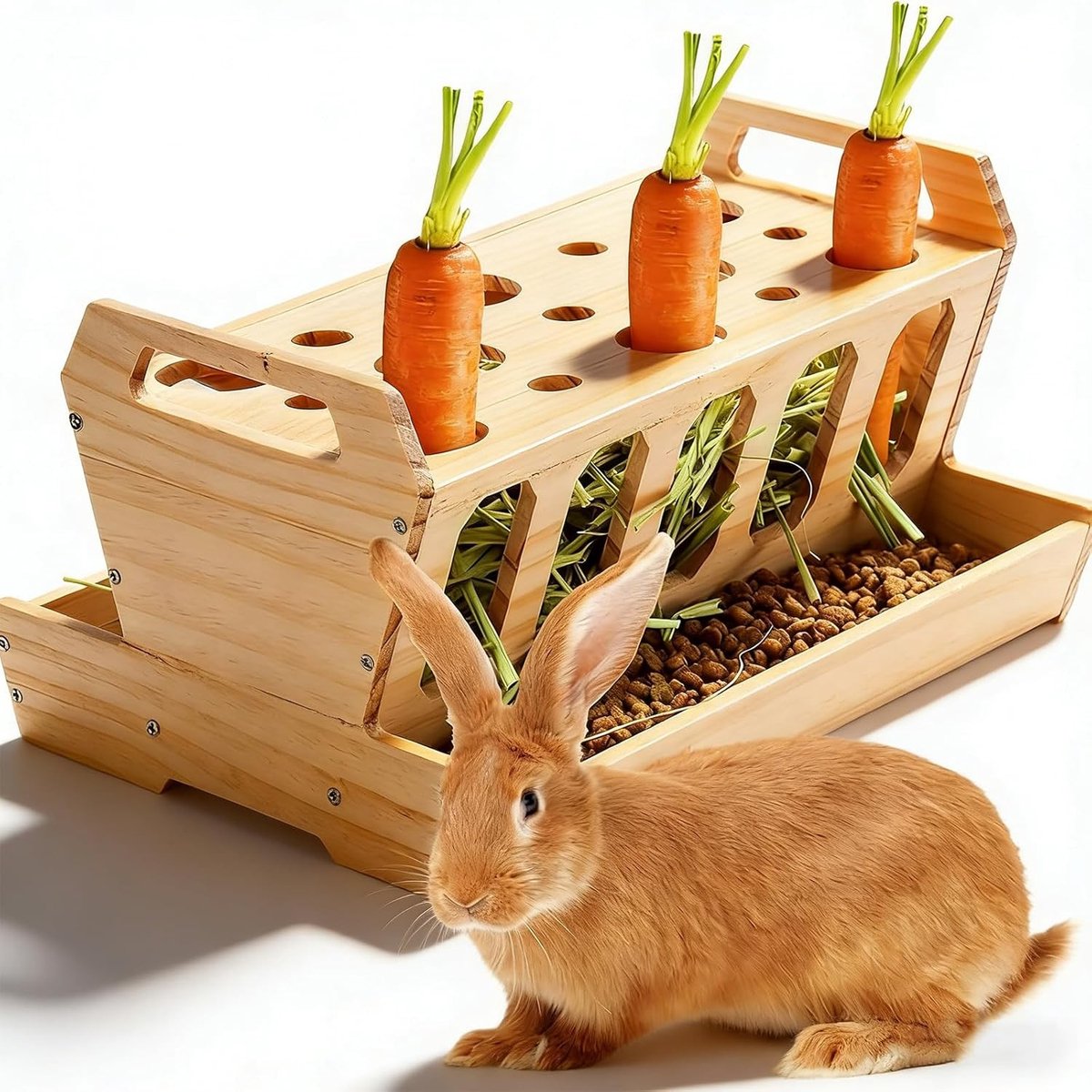 Natuurlijk houten voederhuisje voor konijnen en kleine dieren, met wortelhouder, zelfvoederend en robuust, ideaal voor cavia's, hamsters en ratten