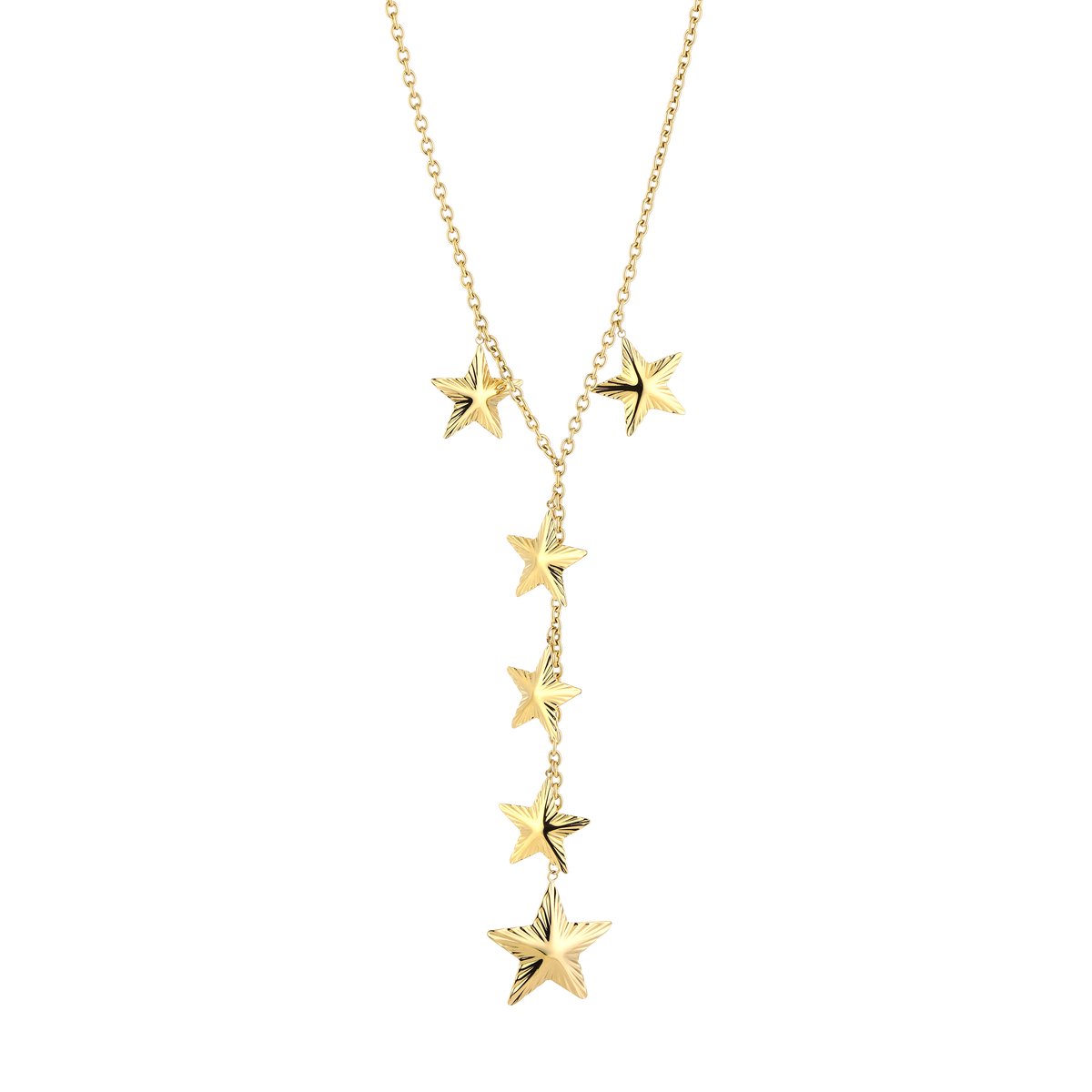 Y-Ketting Dames met Sterren - Roestvrij Staal (RVS) - Met Bewerkte Ster Bedels - Lange Schakelketting met Sterrenhangers - Sieraden Cadeau Vrouw - goud
