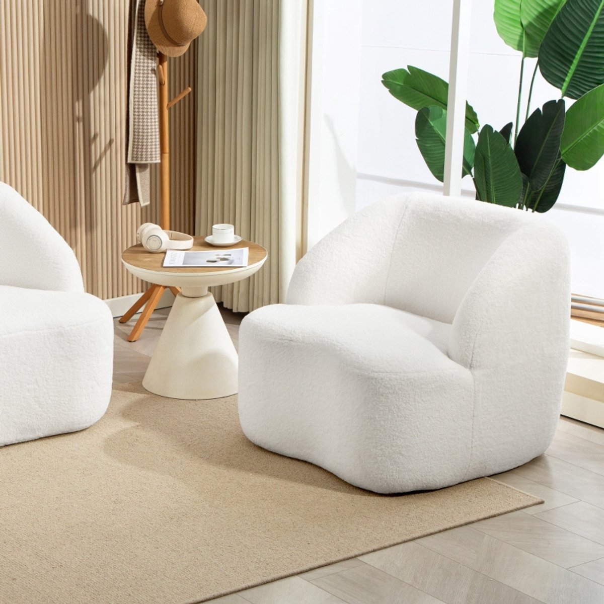 OKWISH Fauteuil - 1-Zits Relaxstoel met Fleece Bekleding en Armleuningen - Voor Woonkamer, Slaapkamer en Thuiswerkplek - Polyester - Crème Wit