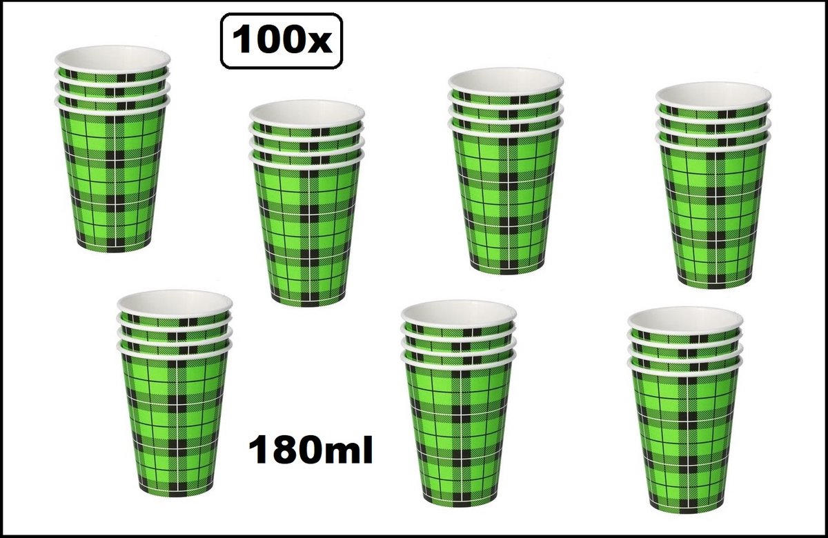 100x Beker Schotse ruit 180ml next generation - volledig composteerbaar - schots koffiebeker thee water frisdrank festival kantoor