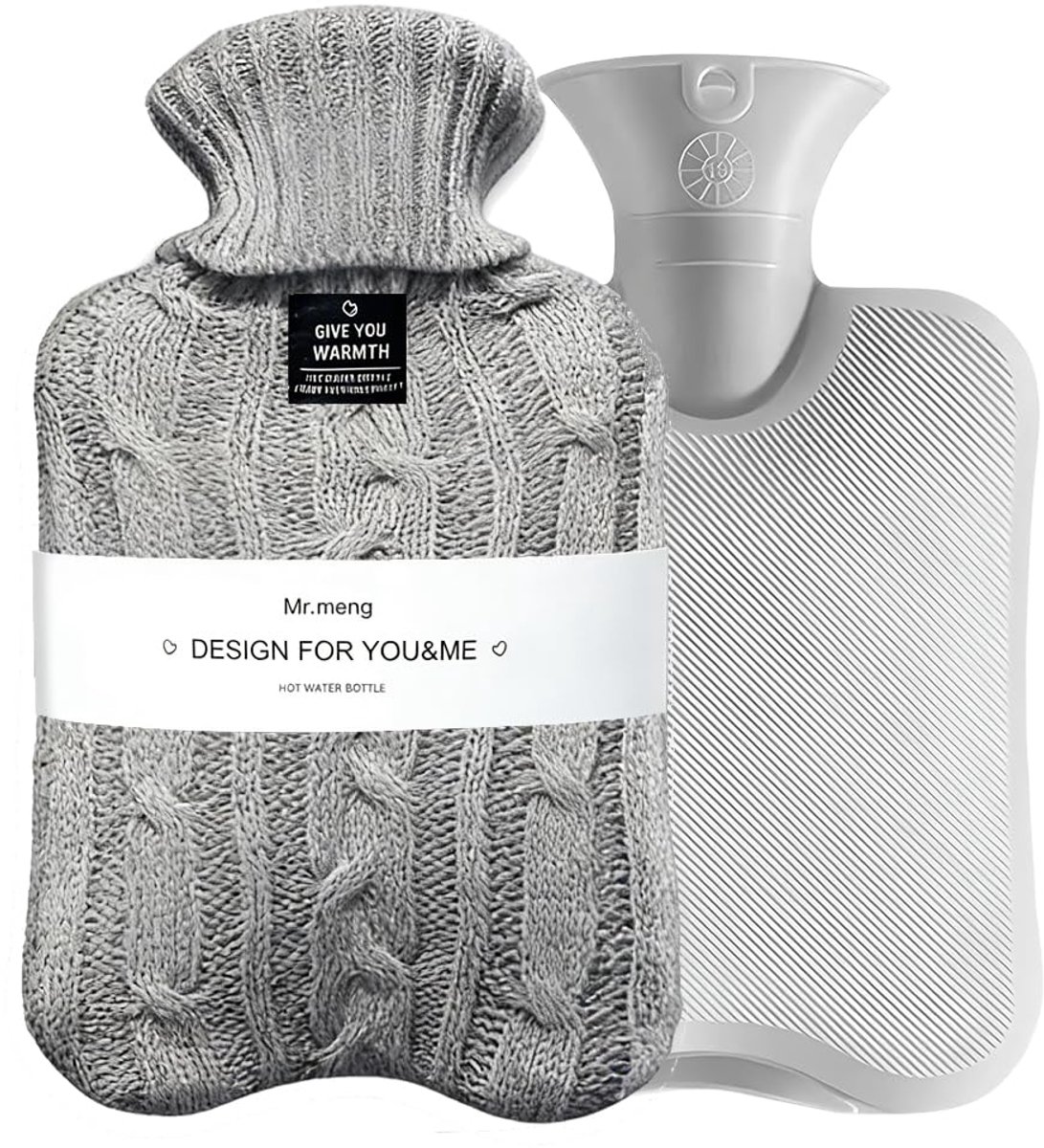 SnelShoppen - 2 liter warmwaterkruik met gebreide overtrek, ideaal voor langdurige warmte en comfort, grijs, perfect voor bed, kantoor en thuisgebruik