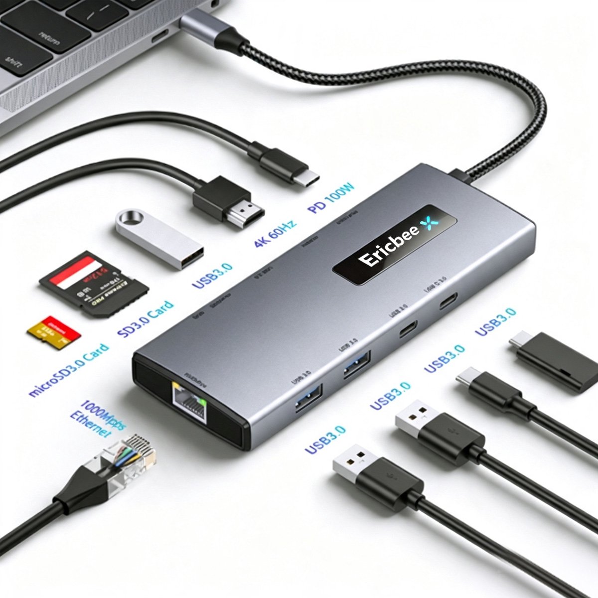 Ericbee 10 in 1 USB C Hub Docking Station Laptop – USB-C 3.1 & USB-A 3.1 Hub met HDMI 4K 60Hz, RJ45 Gigabit, 100W PD, SD/TF Kaartlezer voor MacBook en Laptop