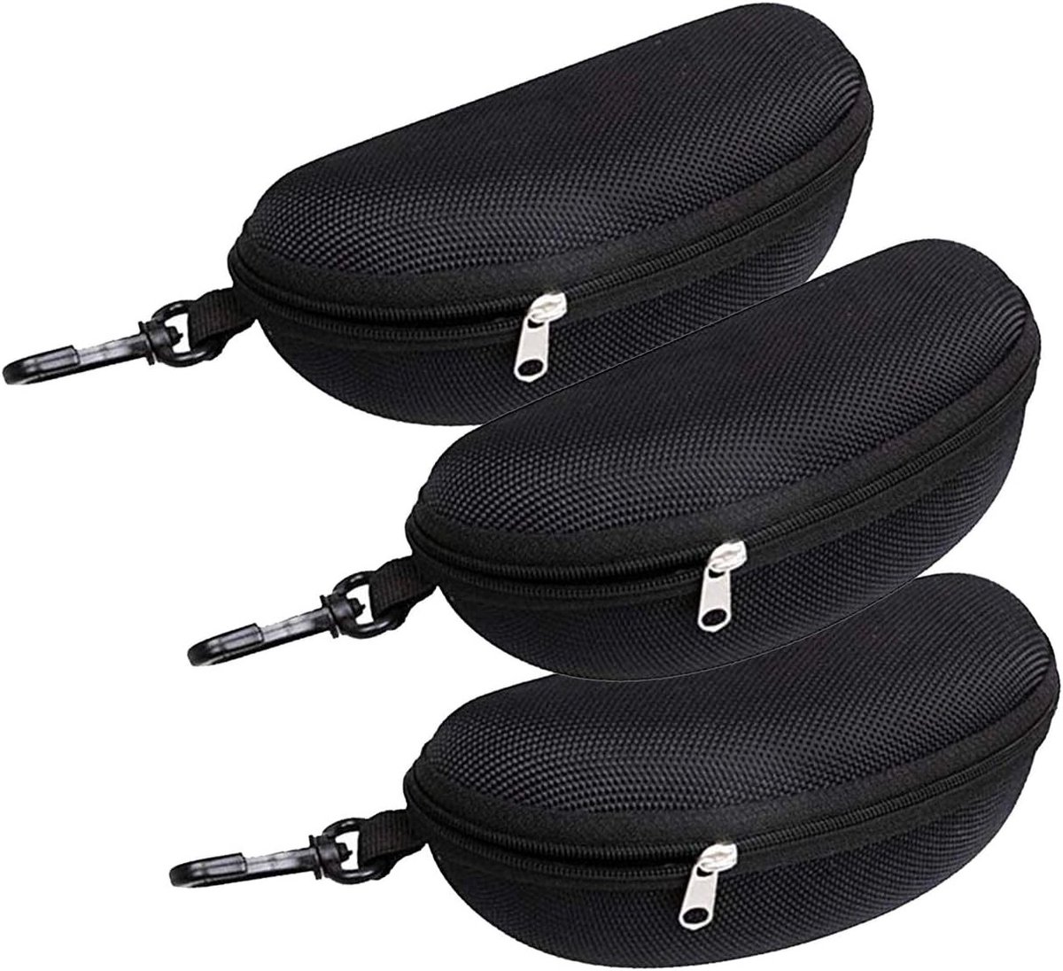 Draagbare Waterdichte Zonnebril en Bril Etui - 3-Pack Harde Schaal met Rits en Rugzak Clip, Zwart en Compact Design
