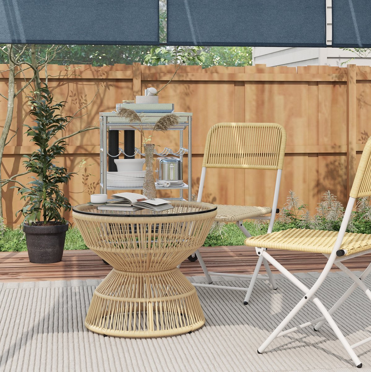 DESMIU Tuintafel - Ronde Bijzettafel In Boho-Stijl - Voor Balkon En Terras - PE-Rattan Met Gehard Glas - Diameter 60 Cm - Naturel