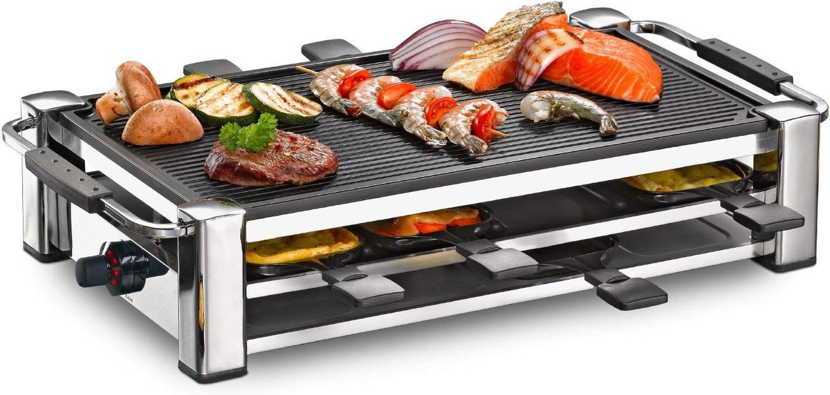 Raclette Grill - Tafelgrill - Gezellig Tafelen - Geribbelde Grillplaat - 8 Personen - Chroom