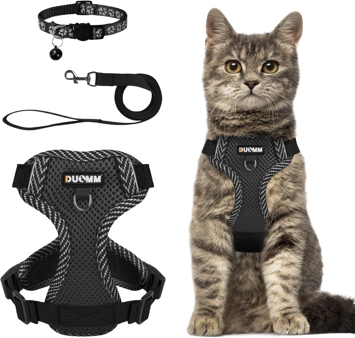 Verstelbare Anti-ontsnapping Harnas voor Katten en Kleine Honden met Reflecterende Band en Ademend Ontwerp, Zwart, Maat L