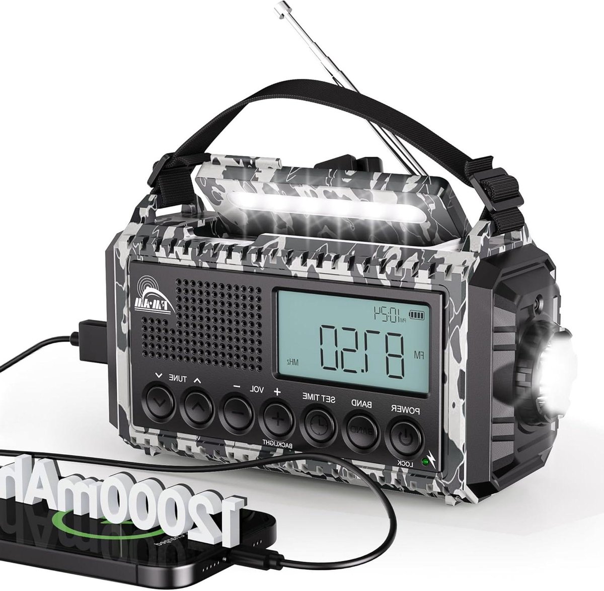 Zwengelradio met accu - Noodradio draagbaar - Outdoor avontuur - Vijf laadmethoden - 12000 mAh - Grijs